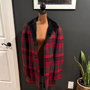 1920’s Vintage Pendleton Red and Black Plaid Pea Coat, single breasted